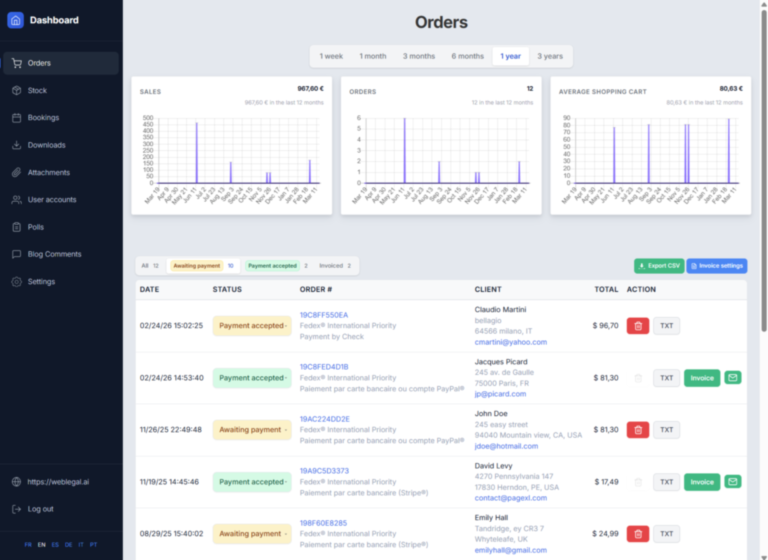 Example of orders from a TOWeb e-commerce site TOWeb backoffice example