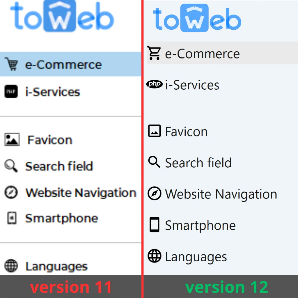 Les icônes de TOWeb 11 et de TOWeb 12 côte à côte : celles de la version 12 sont nettes sur un écran HiDPI