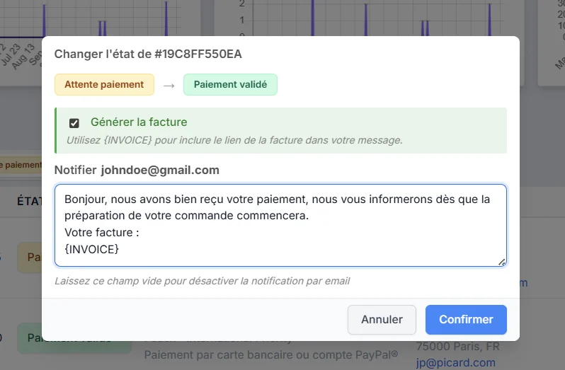 Changement d’état d’une commande avec l’option « Générer la facture »