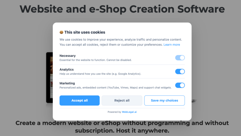 screenshot of the WebLegal cookie consent banner